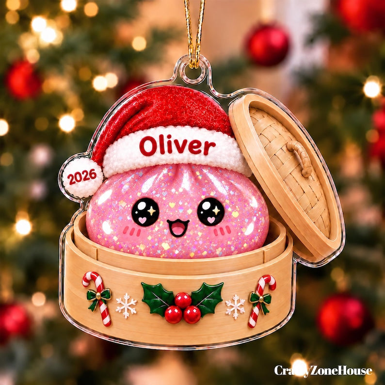 Squishy Dumpling Acrylic Custom Name Ornament, Personalized Glitter Dumpling Christmas Ornament, Kids Christmas Gift