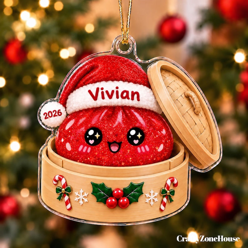 Squishy Dumpling Acrylic Custom Name Ornament, Personalized Glitter Dumpling Christmas Ornament, Kids Christmas Gift