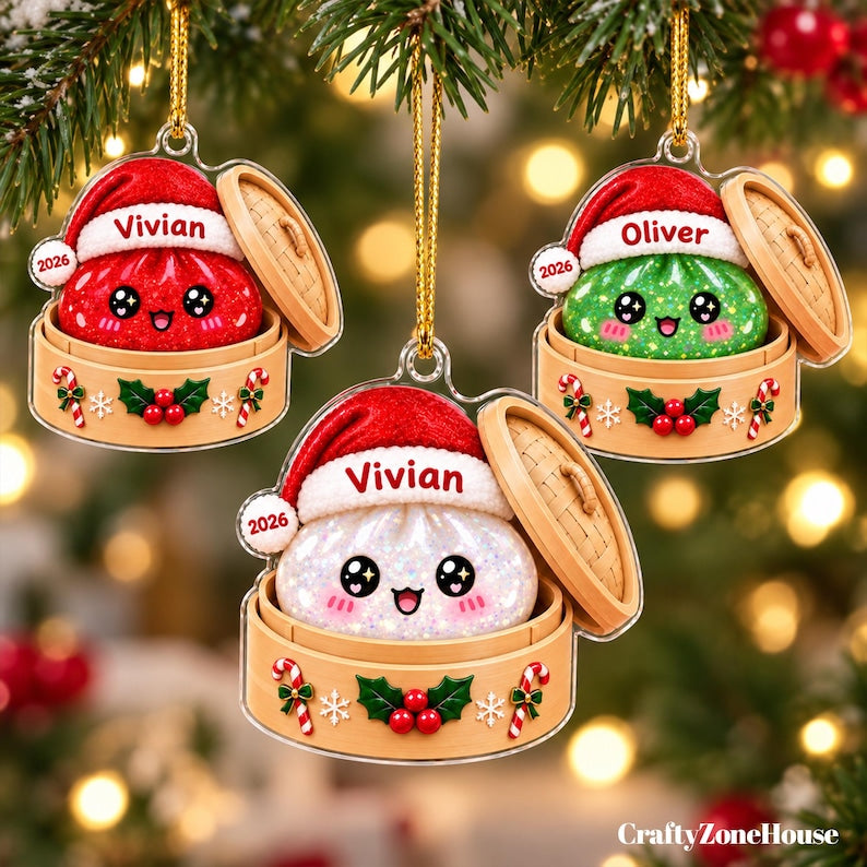 Squishy Dumpling Acrylic Custom Name Ornament, Personalized Glitter Dumpling Christmas Ornament, Kids Christmas Gift