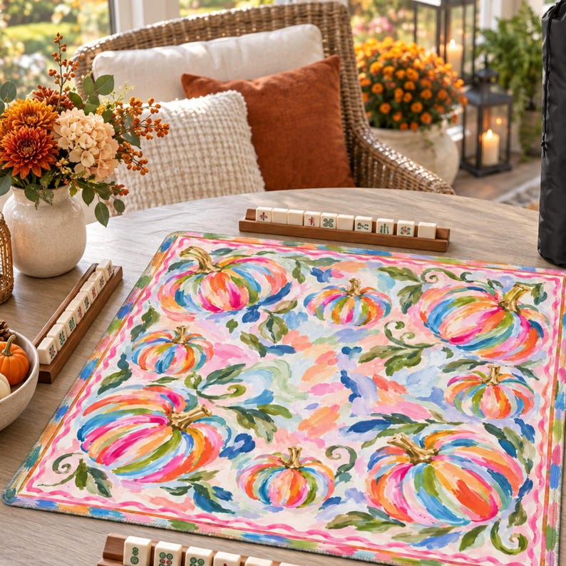 Hippie Halloween Mahjong Mat, Colorful Pumpkins Mahjong Mat, Halloween Mahjong Mat