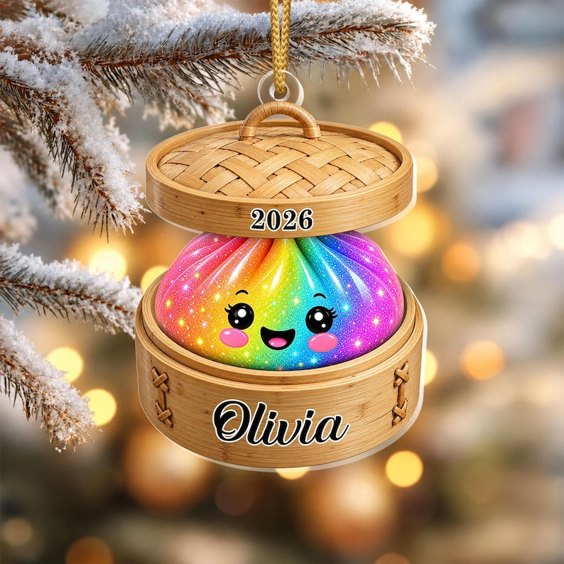 Personalized Glitter Dumpling Ornament, Custom Name Family Keepsake, Cute Kawaii Food Ornament