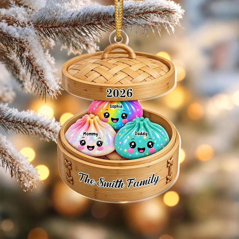 Personalized Glitter Dumpling Ornament, Custom Name Family Keepsake, Cute Kawaii Food Ornament