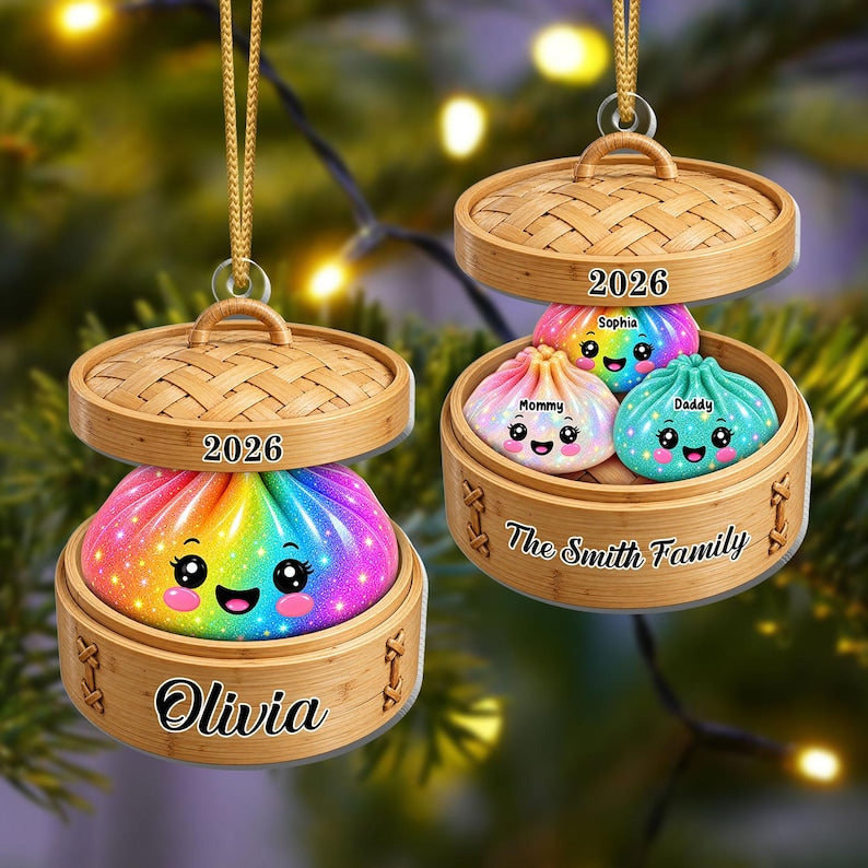 Personalized Glitter Dumpling Ornament, Custom Name Family Keepsake, Cute Kawaii Food Ornament
