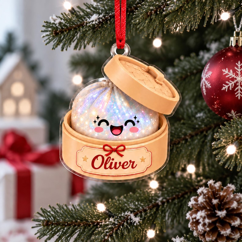 Personalized Squishy Dumpling Christmas Ornament, Faux Glitter Keepsake, Dumpling Lover Gift, Kids Christmas Gift