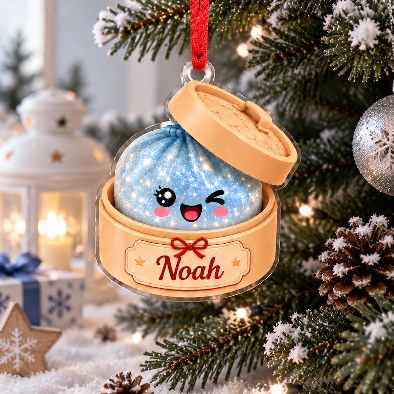 Personalized Squishy Dumpling Christmas Ornament, Faux Glitter Keepsake, Dumpling Lover Gift, Kids Christmas Gift