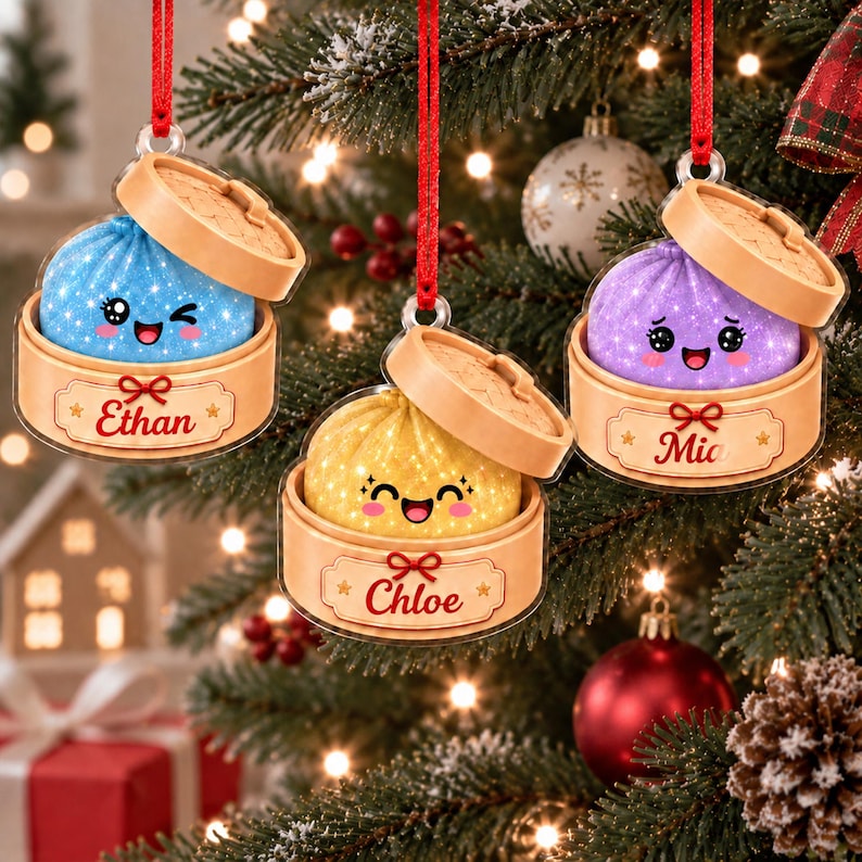 Personalized Squishy Dumpling Christmas Ornament, Faux Glitter Keepsake, Dumpling Lover Gift, Kids Christmas Gift