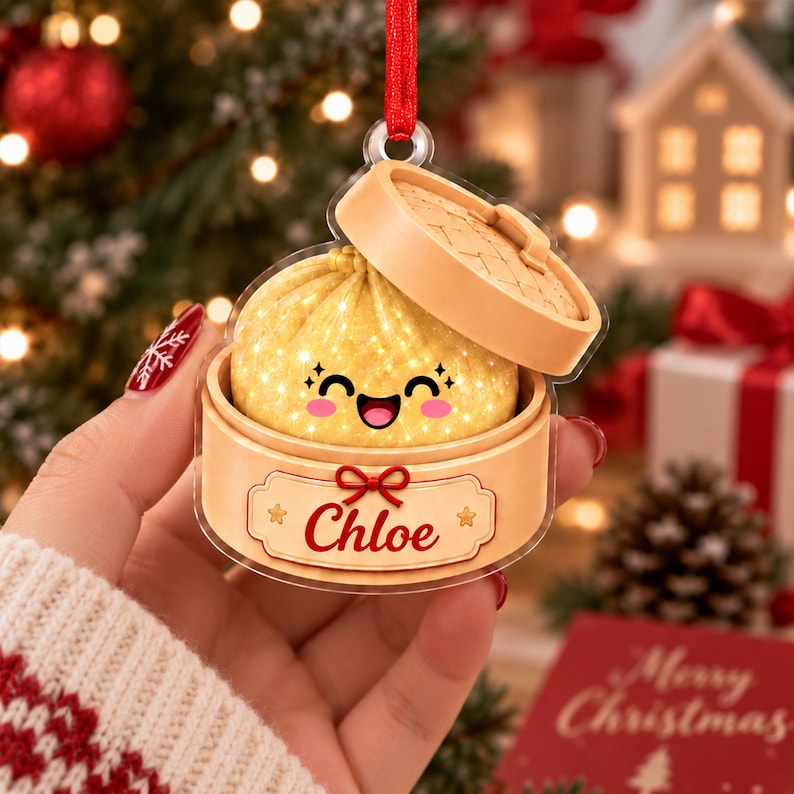 Personalized Squishy Dumpling Christmas Ornament, Faux Glitter Keepsake, Dumpling Lover Gift, Kids Christmas Gift