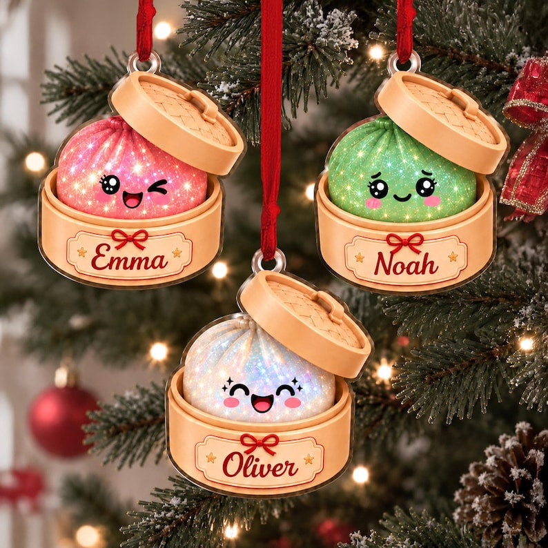 Personalized Squishy Dumpling Christmas Ornament, Faux Glitter Keepsake, Dumpling Lover Gift, Kids Christmas Gift
