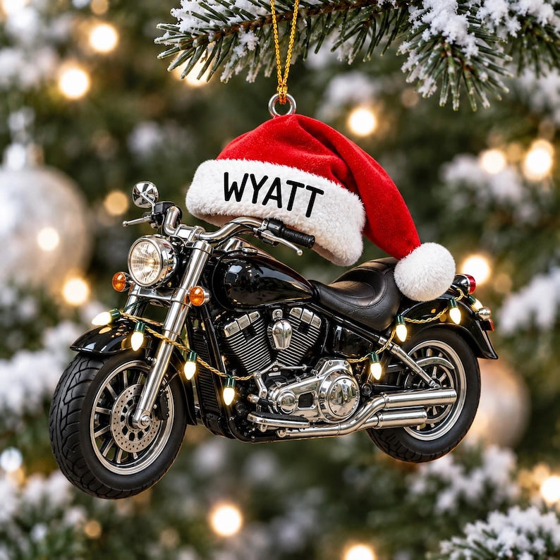 Personalized Motorcycle Christmas Ornament, Custom Biker Holiday Decor, Santa Hat Bike Acrylic Ornament Gift