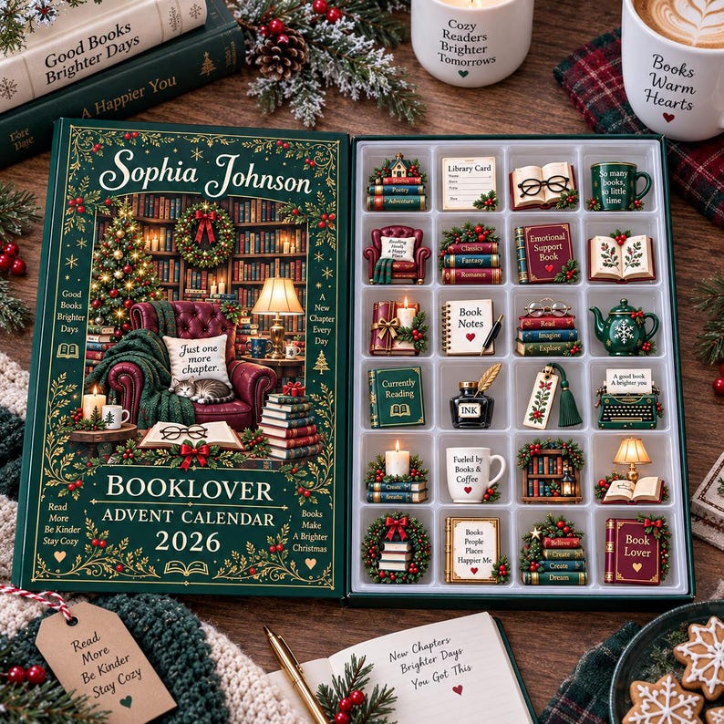 Personalized Book Lover Advent Calendar, Christmas Ornament Set, 24 Day Reading Countdown, Cozy Library Decor