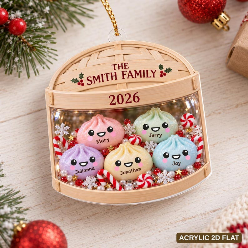 Personalized Glitter Dumpling Ornament, Custom Family Squishy Style Christmas Ornament, Kids Christmas Gift