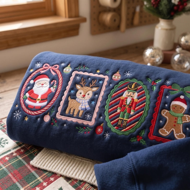 Christmas Frame Embroidered Sweatshirt, Minimal Holiday Crewneck, Gingerbread Candy Cane Snowman Christmas Tree Sweater