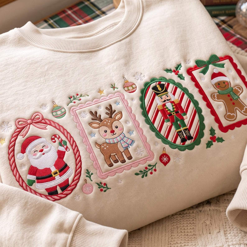 Christmas Frame Embroidered Sweatshirt, Minimal Holiday Crewneck, Gingerbread Candy Cane Snowman Christmas Tree Sweater