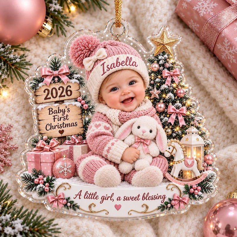 Custom Baby Name Acrylic 2D Flat Ornament, Personalized Baby’s First Christmas Ornament, First Christmas Keepsake