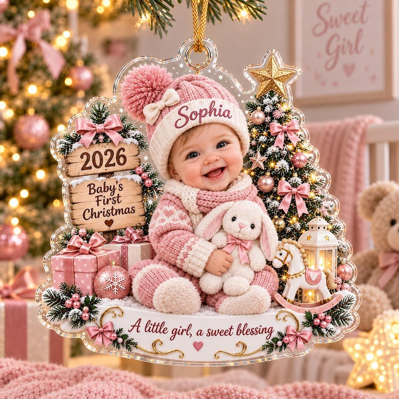 Custom Baby Name Acrylic 2D Flat Ornament, Personalized Baby’s First Christmas Ornament, First Christmas Keepsake