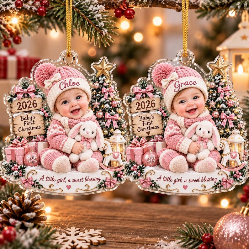 Custom Baby Name Acrylic 2D Flat Ornament, Personalized Baby’s First Christmas Ornament, First Christmas Keepsake