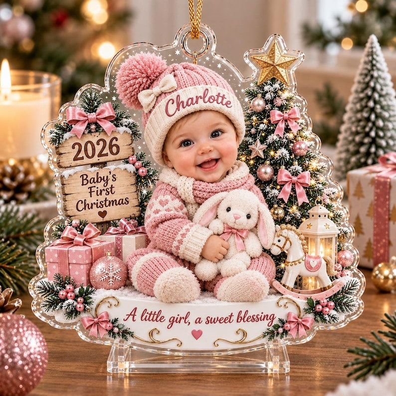 Custom Baby Name Acrylic 2D Flat Ornament, Personalized Baby’s First Christmas Ornament, First Christmas Keepsake