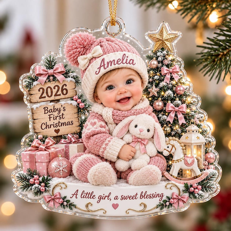 Custom Baby Name Acrylic 2D Flat Ornament, Personalized Baby’s First Christmas Ornament, First Christmas Keepsake