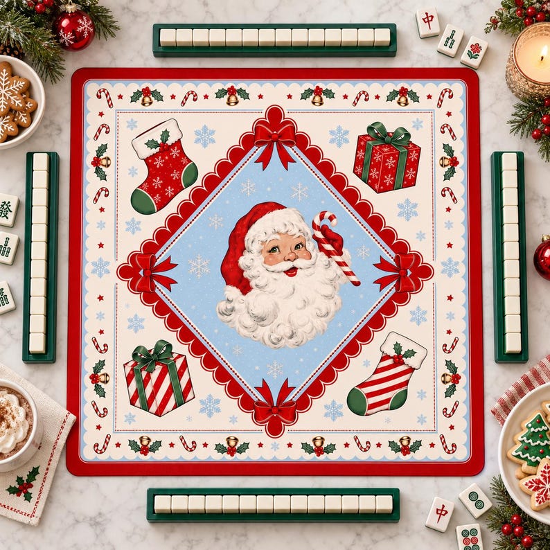 Santa’s Mahjong Mail Mahjong Mat, Holiday Vintage Christmas Mahj Mat, Retro Santa Game Table Mat, Festive Decor