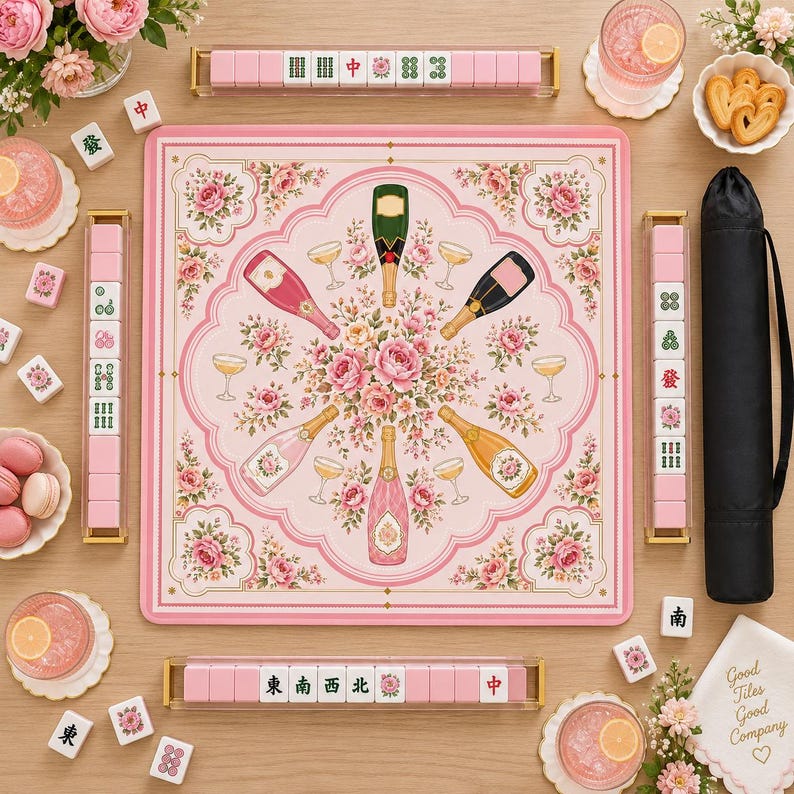 Bams and Bubbly Mahjong Mat, Non Slip American Mahjong Table Cover, Preppy Pink Champagne Celebration Game Night Gift