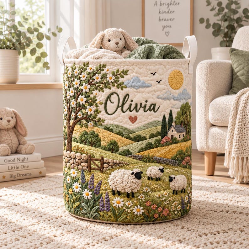 Personalized Sheep Meadow Quilted Laundry Basket, Custom Countryside Farmhouse Animal Hamper, Cute Sheep Storage Bin