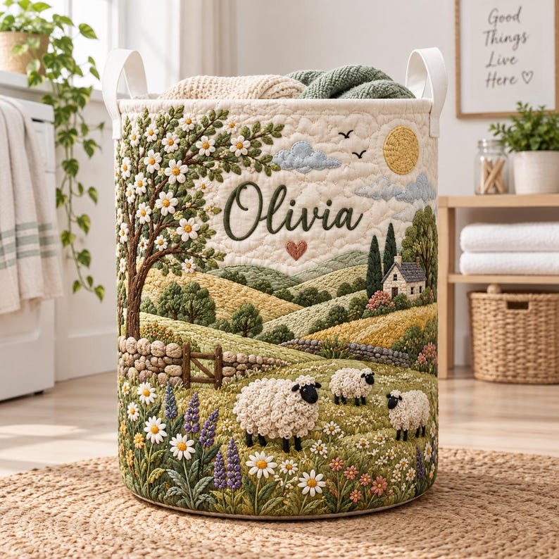 Personalized Sheep Meadow Quilted Laundry Basket, Custom Countryside Farmhouse Animal Hamper, Cute Sheep Storage Bin