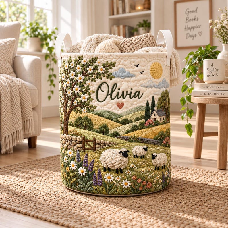 Personalized Sheep Meadow Quilted Laundry Basket, Custom Countryside Farmhouse Animal Hamper, Cute Sheep Storage Bin
