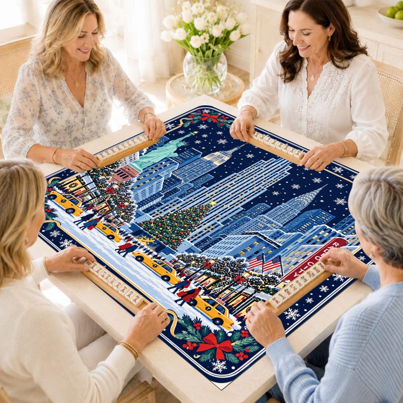 NYC Christmas Mahjong Mat, Rockefeller Center Tree Yellow Taxi Winter Holiday Game Night Gift, American Mahjong