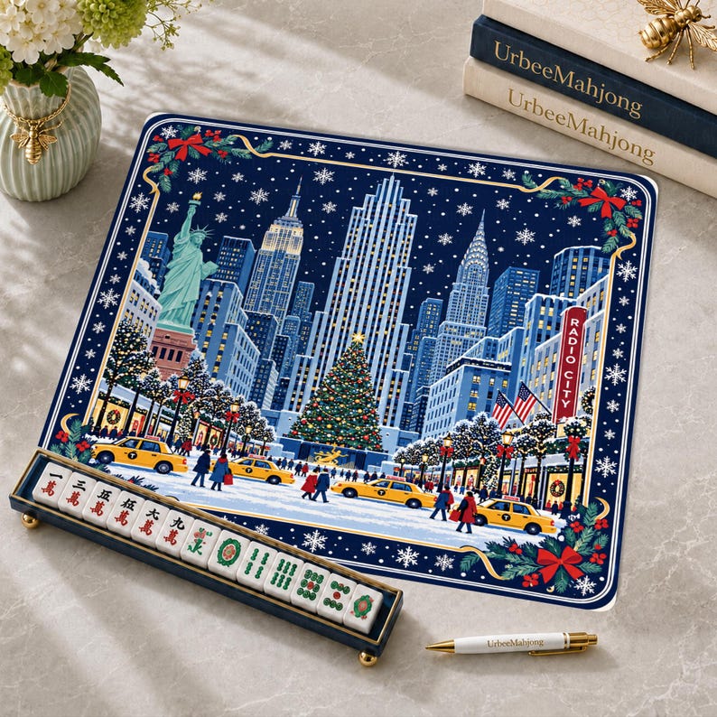 NYC Christmas Mahjong Mat, Rockefeller Center Tree Yellow Taxi Winter Holiday Game Night Gift, American Mahjong