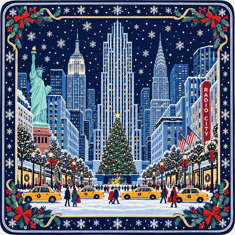 NYC Christmas Mahjong Mat, Rockefeller Center Tree Yellow Taxi Winter Holiday Game Night Gift, American Mahjong