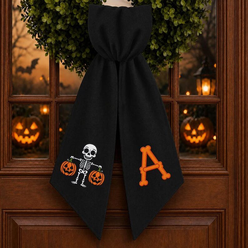Custom Embroidered Wreath Sash with Monogram, Personalized Embroidered Holiday Bow, Door Decor for Any Occasion