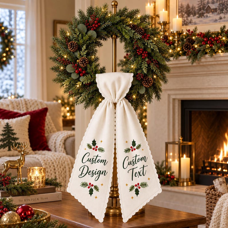Custom Embroidered Wreath Sash with Monogram, Personalized Embroidered Holiday Bow, Door Decor for Any Occasion