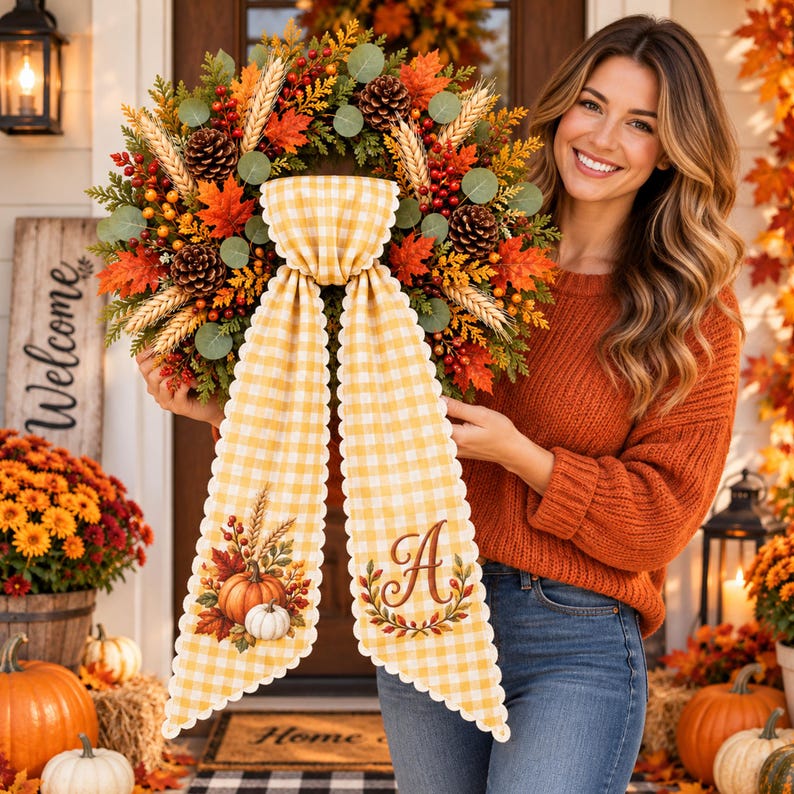 Custom Embroidered Wreath Sash with Monogram, Personalized Embroidered Holiday Bow, Door Decor for Any Occasion