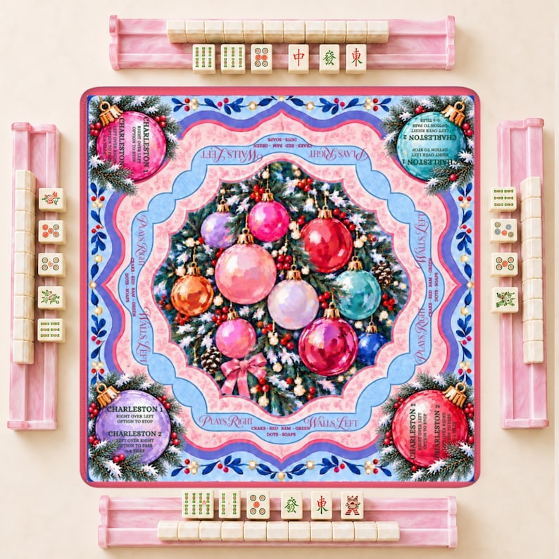 Jingle All the Way Christmas Mahjong Mat, Non Slip American Mahjong Table Cover, Pink Ornament Instructional Game Night Gift