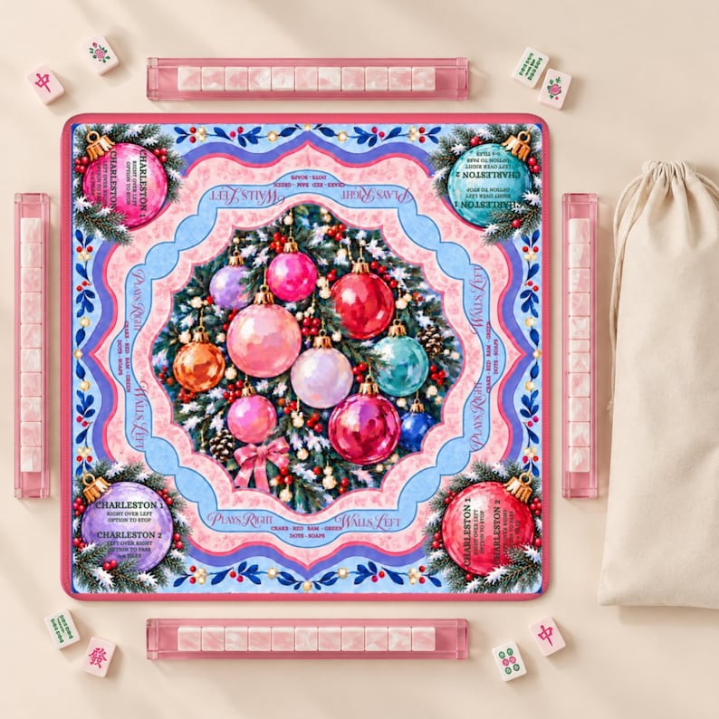 Jingle All the Way Christmas Mahjong Mat, Non Slip American Mahjong Table Cover, Pink Ornament Instructional Game Night Gift
