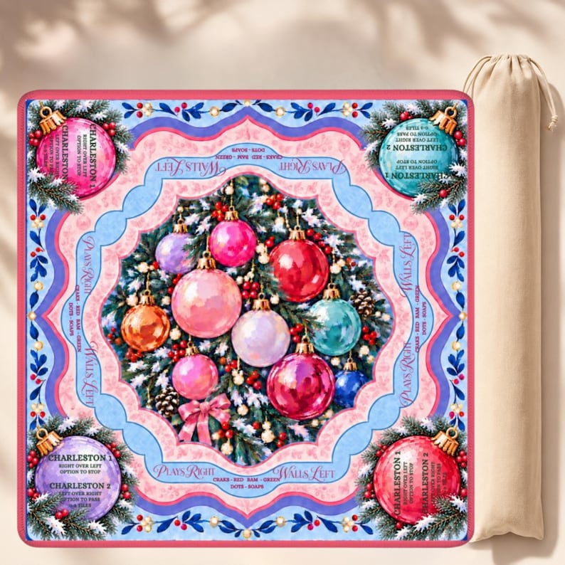 Jingle All the Way Christmas Mahjong Mat, Non Slip American Mahjong Table Cover, Pink Ornament Instructional Game Night Gift