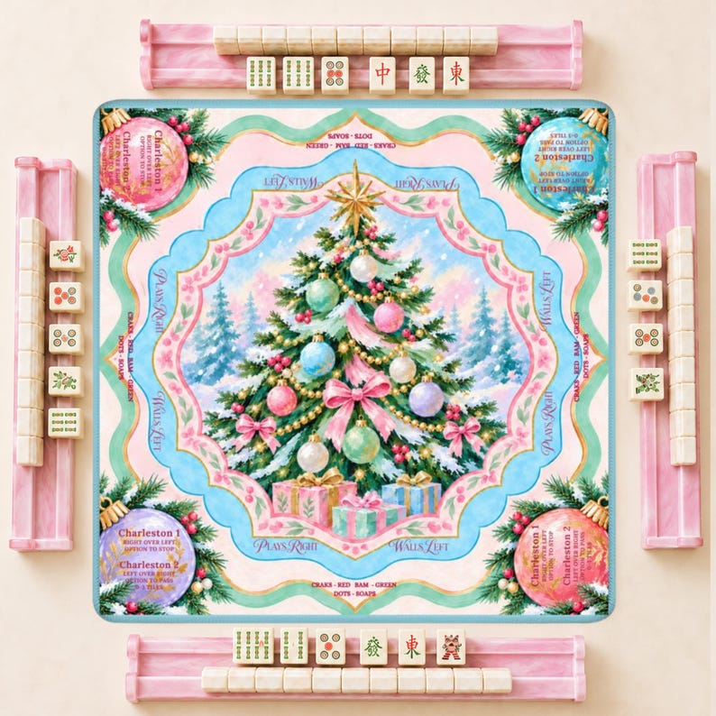 Merry and Bright Christmas Tree Mahjong Mat, Non Slip American Mahjong Table Cover, Pink Blue Instructional Game Night Gift