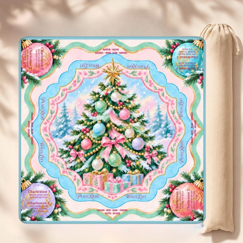 Merry and Bright Christmas Tree Mahjong Mat, Non Slip American Mahjong Table Cover, Pink Blue Instructional Game Night Gift