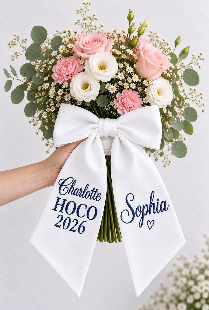 Custom Embroidered Bouquet Sash, Flowers Ribbon for Wedding, Prom, Homecoming Gift