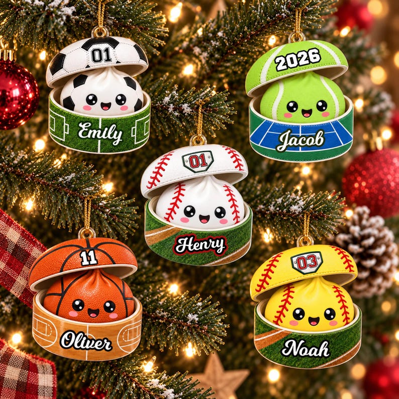 Personalized Sport Dumpling Ornament, Acrylic Squishy Style Christmas Ornament, Custom Name Soccer Baseball Ornament