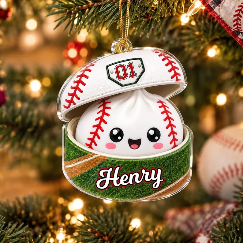 Personalized Sport Dumpling Ornament, Acrylic Squishy Style Christmas Ornament, Custom Name Soccer Baseball Ornament