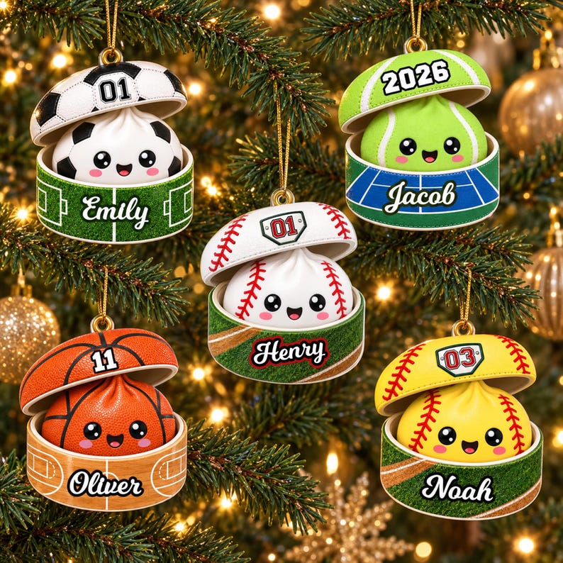 Personalized Sport Dumpling Ornament, Acrylic Squishy Style Christmas Ornament, Custom Name Soccer Baseball Ornament
