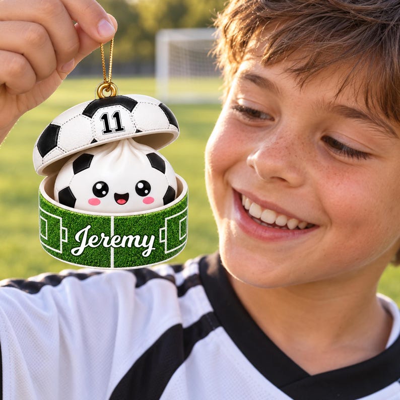 Personalized Sport Dumpling Ornament, Acrylic Squishy Style Christmas Ornament, Custom Name Soccer Baseball Ornament