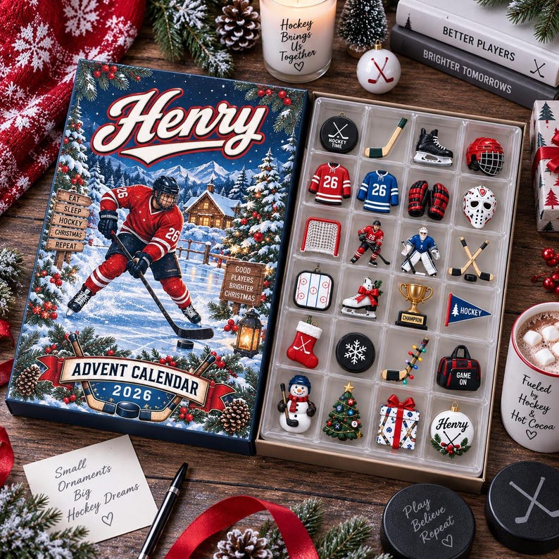 Personalized Hockey Advent Calendar, Custom Player Name Number, Christmas Countdown, Hockey Fan Keepsake