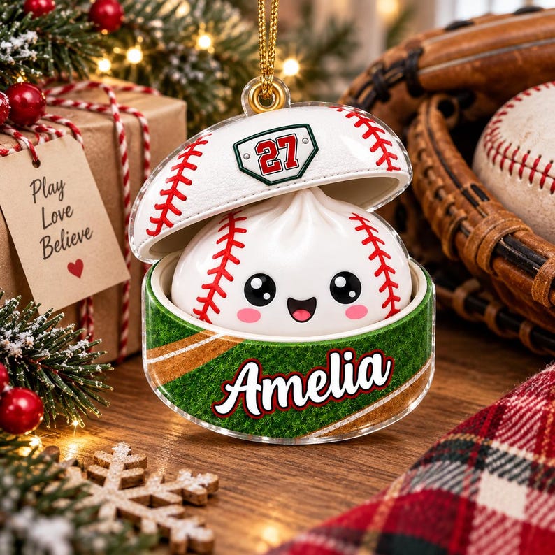 Personalized Baseball Dumpling Ornament, Glitter Squishy Keepsake, Custom Name & Number Keepsake