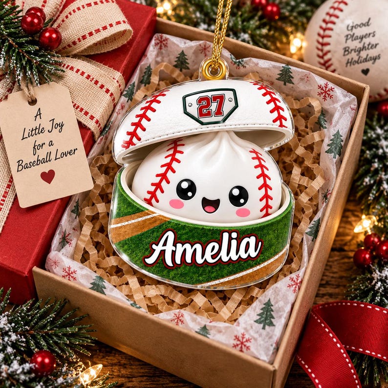 Personalized Baseball Dumpling Ornament, Glitter Squishy Keepsake, Custom Name & Number Keepsake