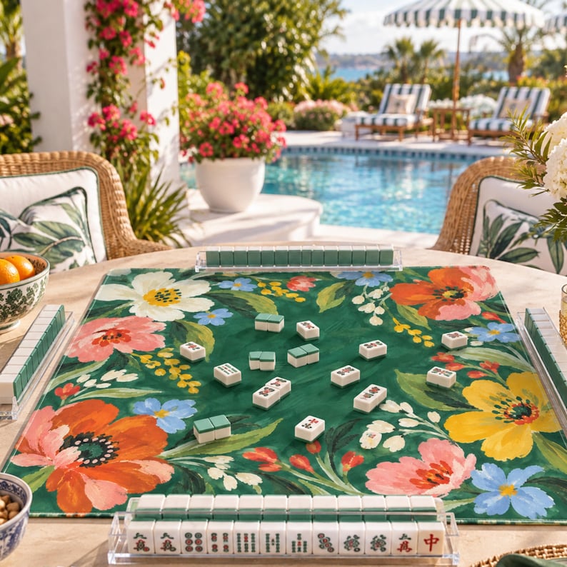 Emerald Poppy Mahjong Mat, Coral Floral Garden Forget Me Not Folk Art Playmat, American Mahjong Table Cover