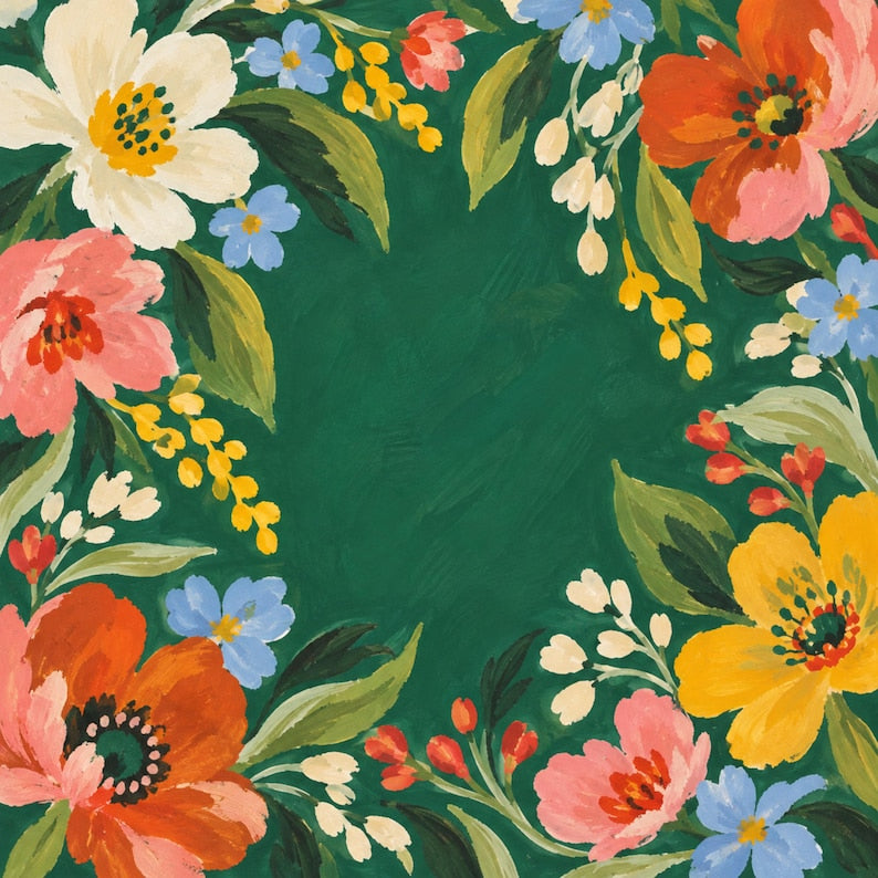 Emerald Poppy Mahjong Mat, Coral Floral Garden Forget Me Not Folk Art Playmat, American Mahjong Table Cover