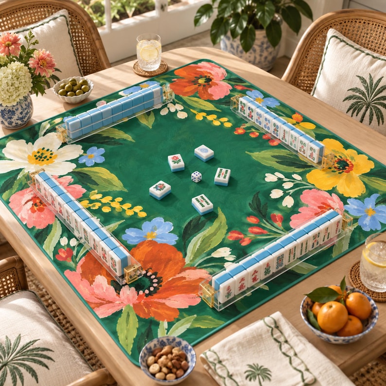 Emerald Poppy Mahjong Mat, Coral Floral Garden Forget Me Not Folk Art Playmat, American Mahjong Table Cover