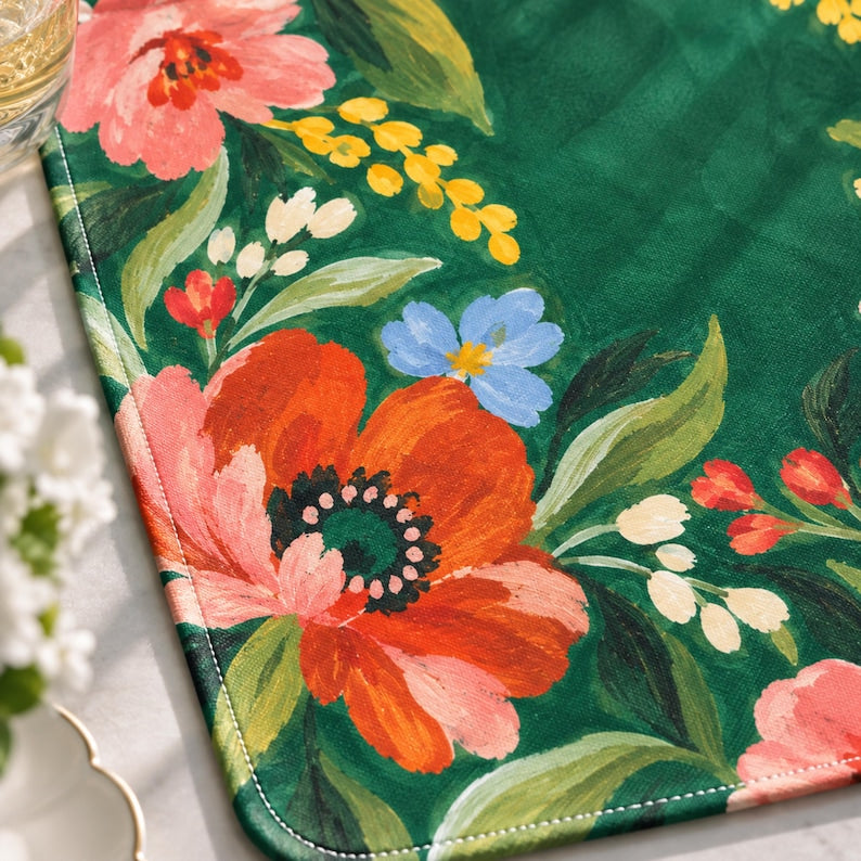 Emerald Poppy Mahjong Mat, Coral Floral Garden Forget Me Not Folk Art Playmat, American Mahjong Table Cover